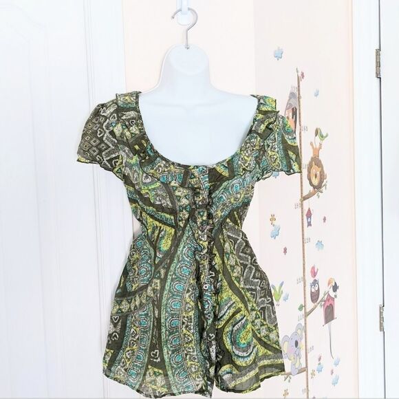 Ruffle cotton silk top abstract print green Large @K1 - Picture 3 of 13